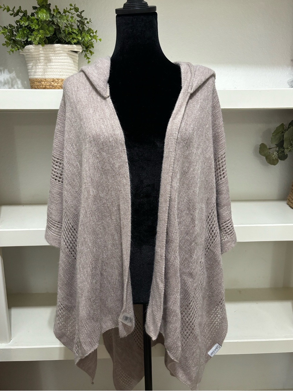 Calvin Klein Hooded Open-Front Knit Poncho in Taupe Gray